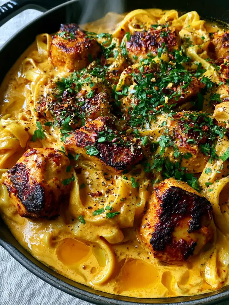 Cajun Garlic Chicken Pasta with Creamy Garlic Butter Sauce 1 A steaming skillet of Cajun garlic chicken pasta topped with chili flakes and fresh parsley.