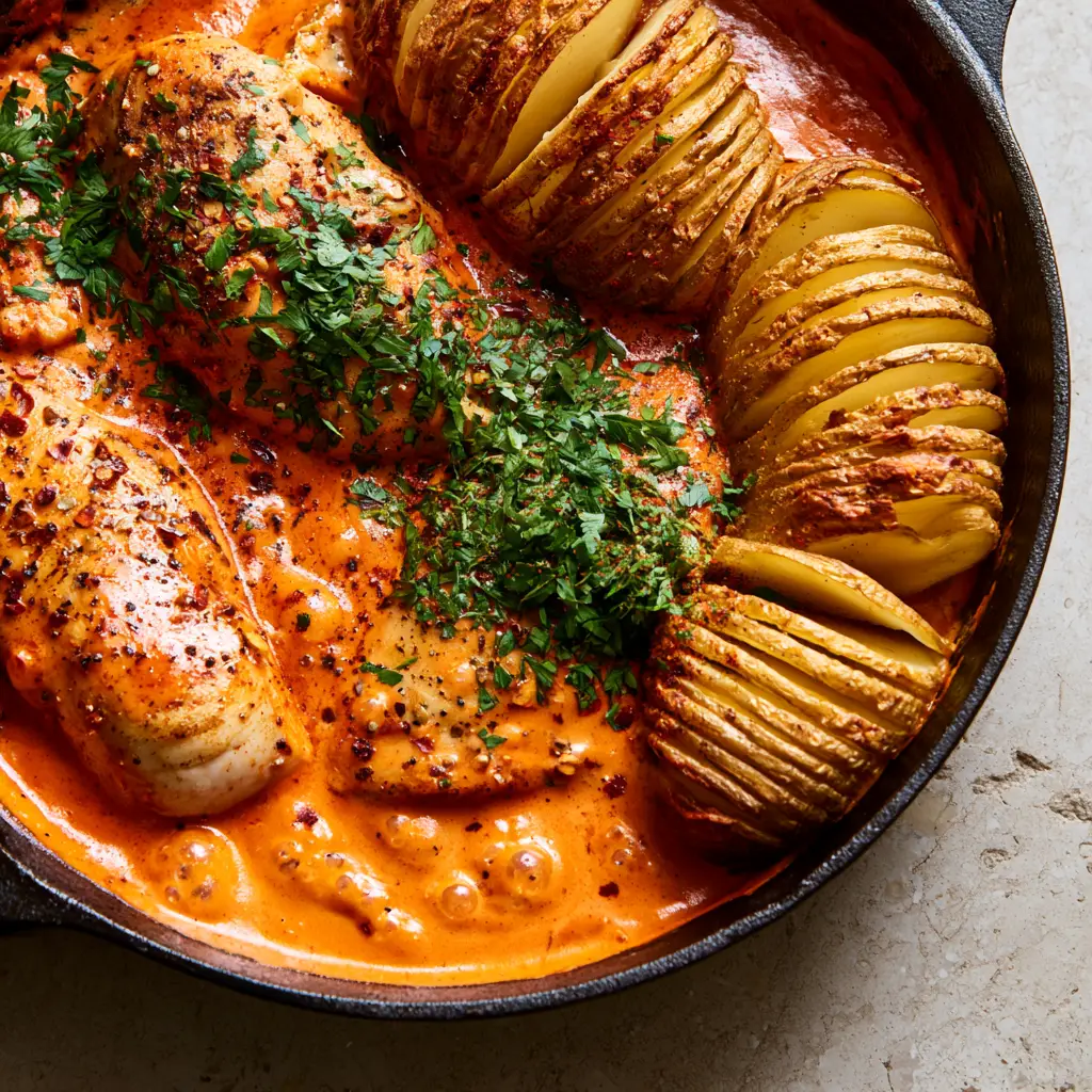 Creamy Cajun Chicken with Hasselback Potatoes: The Ultimate One-Pan Comfort Feast 1 Golden brown crispy Hasselback potatoes fanned out in a cast iron skillet next to creamy Cajun chicken.