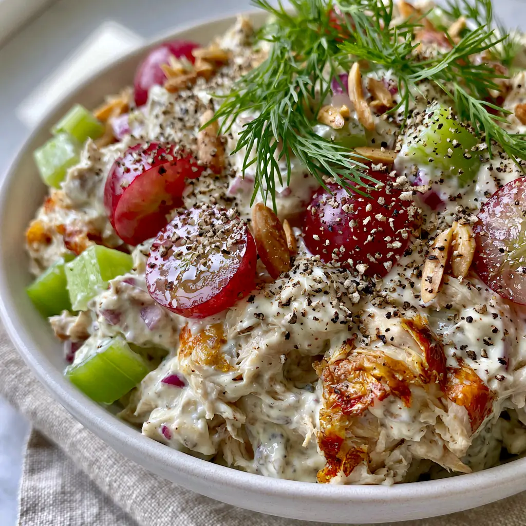 Chicken Salad Recipe with Roasted Skin and Greek Yogurt Dressing 2 Macro shot of shredded rotisserie chicken with golden skin and creamy dressing. (chicken salad recipe)