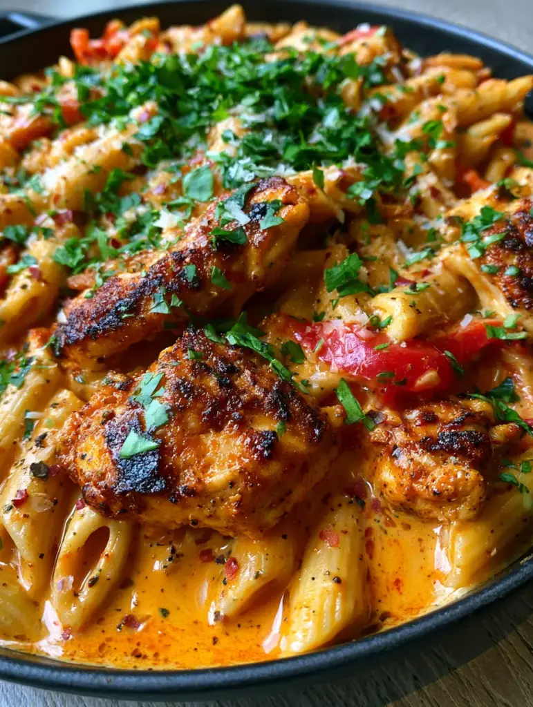 Easy Cajun Chicken Pasta with a Creamy Orange Sauce 1 Overhead view of Easy Cajun Chicken Pasta garnished with parsley and red pepper strips.
