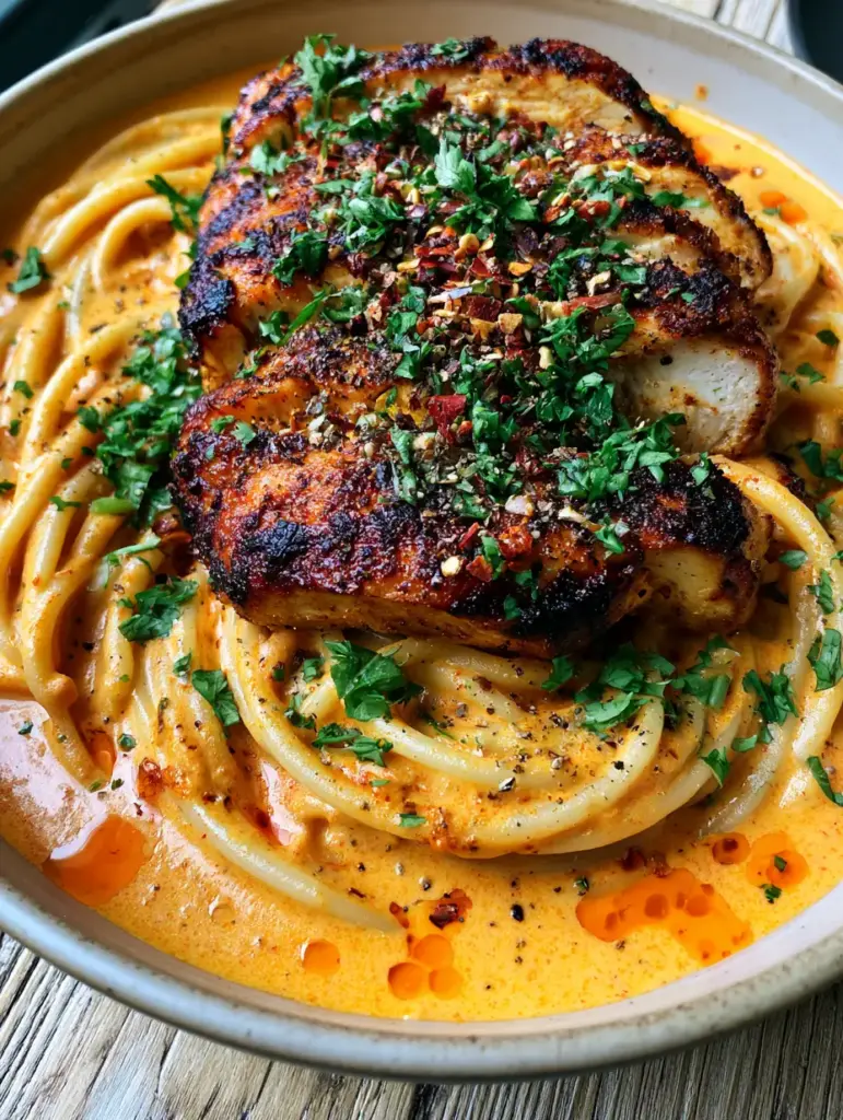 Cajun Chicken Spaghetti with a Creamy Orange-Red Sauce 1 Top-down view of thick slices of juicy chicken breast with deep golden-brown charred Cajun spice rub on a bed of spaghetti.