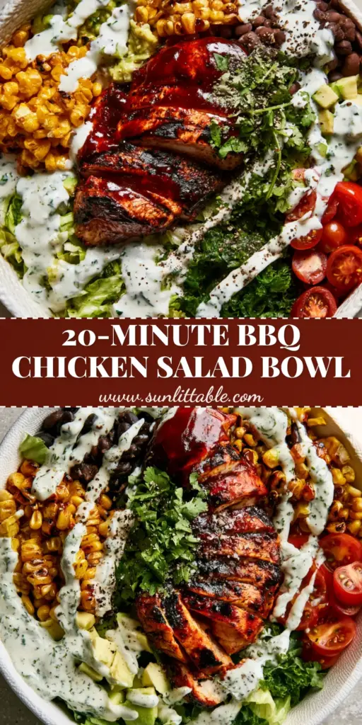 Grilled BBQ Chicken Salad with Creamy Cilantro Lime Ranch 3 A vibrant Grilled BBQ Chicken Salad in a white ceramic bowl with mahogany glazed chicken and charred corn.