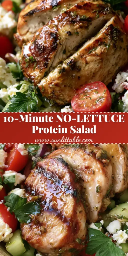 Chicken Cucumber Tomato Salad with Lemon-Herb Vinaigrette 4 A vibrant chicken cucumber tomato salad in a rustic ceramic bowl, featuring golden-brown seared chicken slices and colorful Mediterranean vegetables.