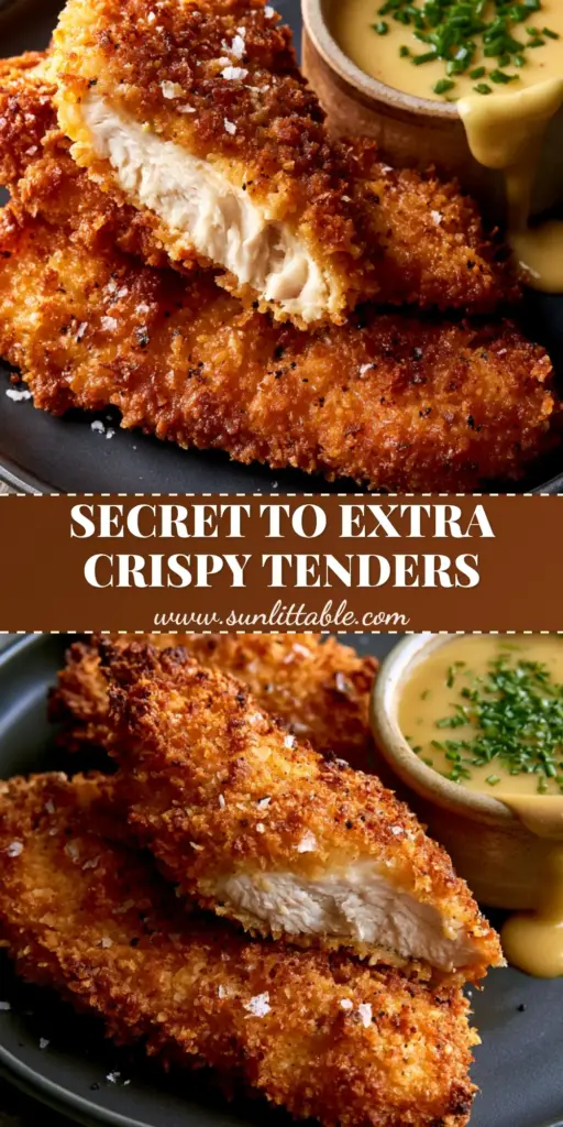 A stack of three extra-crispy Paleo Chicken Tenders on a dark plate with honey mustard sauce and fresh chives.