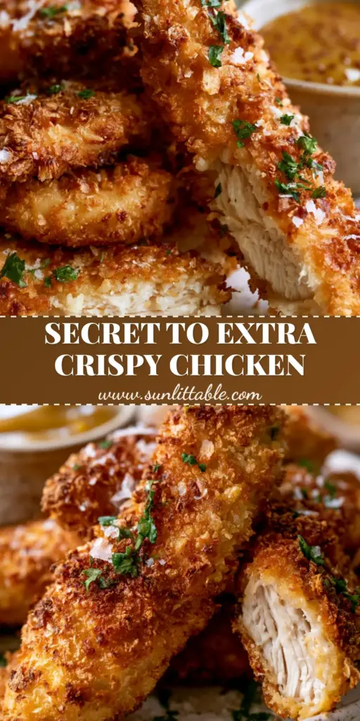 Oven Baked Chicken Tenders: The Ultimate Extra Crispy Recipe 4 A stack of crispy Oven baked chicken tenders on a white plate with honey mustard dipping sauce and fresh parsley garnish.
