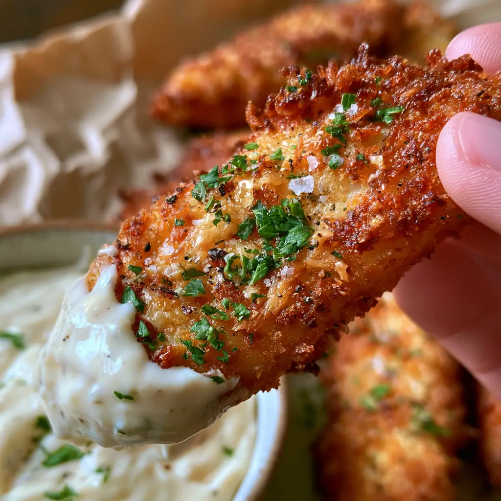 Chicken Tenders with Parmesan Panko Crust and Garlic Aioli 2 A close-up shot of a hand dipping a crispy chicken tender into white garlic aioli.