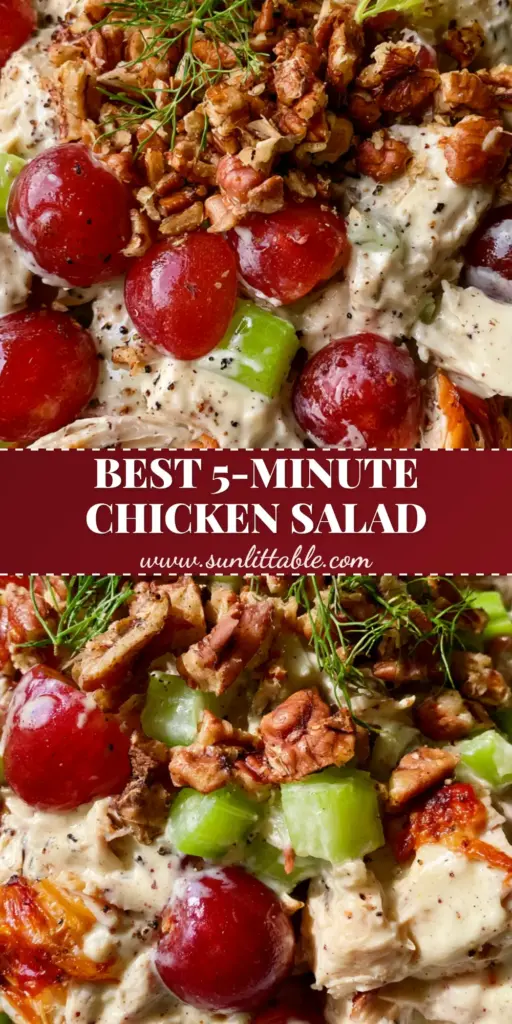Cold Chicken Salad with Roasted Rotisserie Chicken and Grapes 4 A close-up shot of a gourmet cold chicken salad in a white bowl, showing shredded chicken, halved grapes, and pecans.