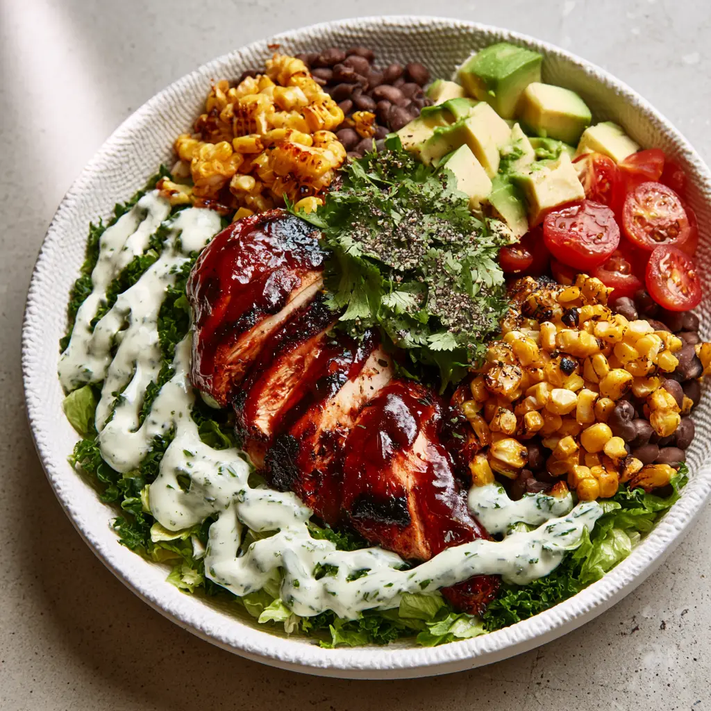 Top-down view of a Southwest BBQ chicken salad showing distinct mounds of avocado, beans, and charred corn.