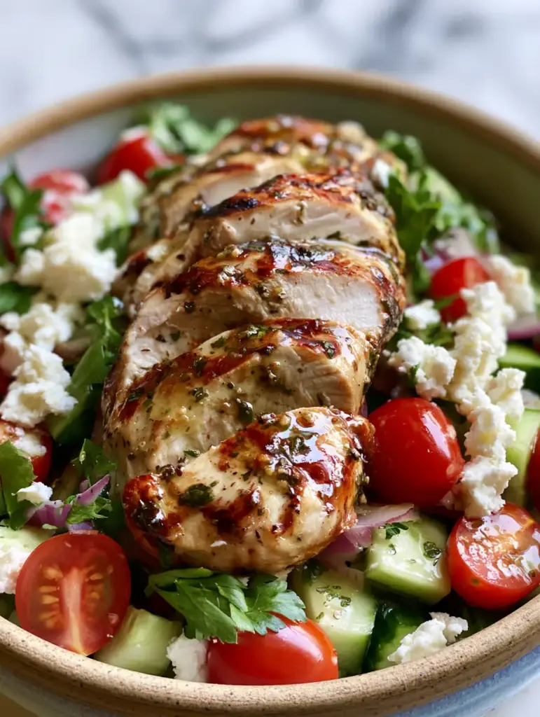Chicken Cucumber Tomato Salad with Lemon-Herb Vinaigrette 2 Close-up of seared chicken breast slices with grill marks over a bed of cucumbers and cherry tomatoes for a chicken cucumber tomato salad.