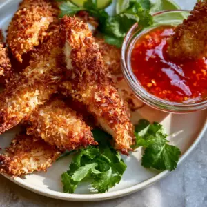 Close up of golden-brown Coconut chicken tenders showing the texture of toasted shredded coconut flakes.