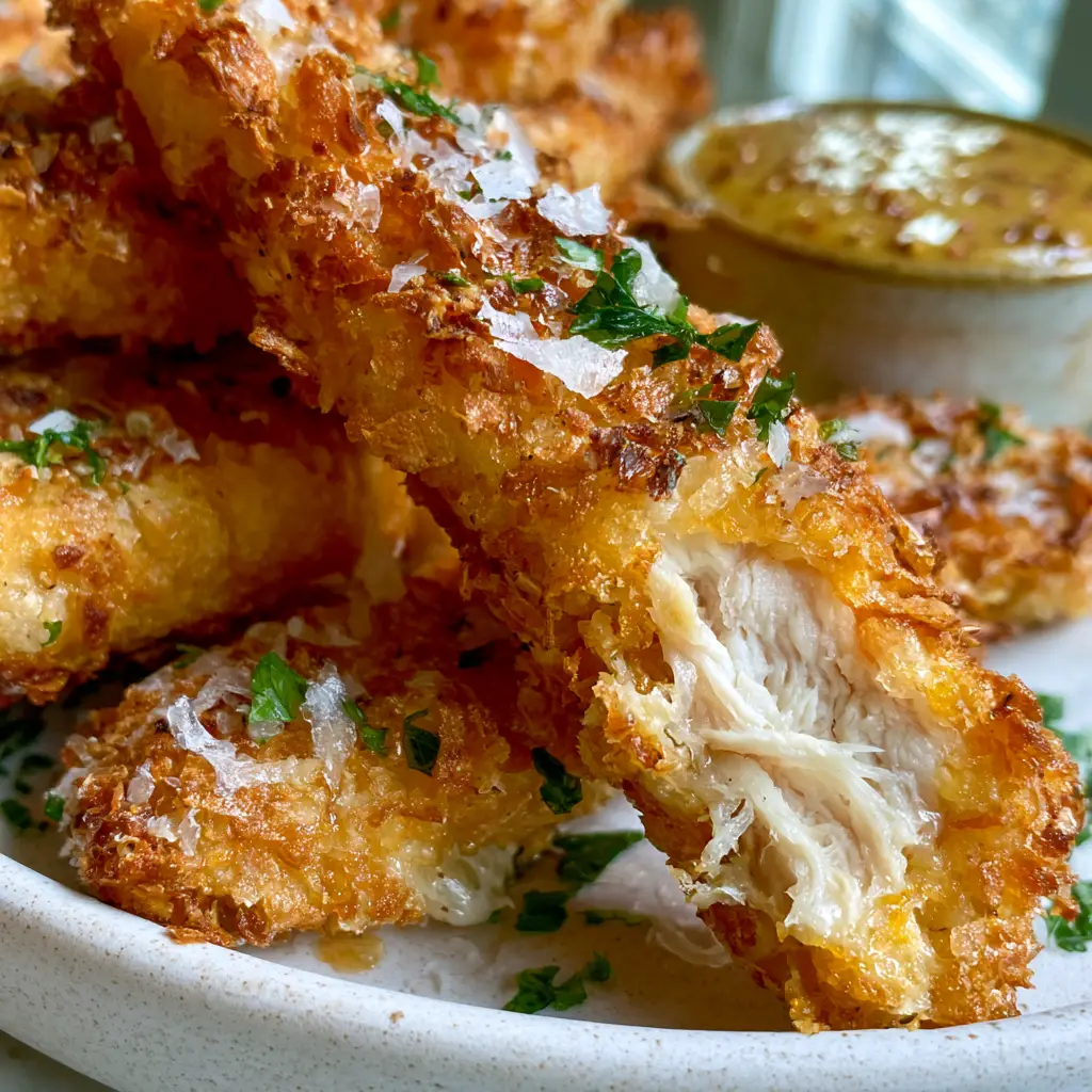Oven Baked Chicken Tenders: The Ultimate Extra Crispy Recipe 2 Extreme macro close-up of jagged golden-brown panko coating on Oven baked chicken tenders.