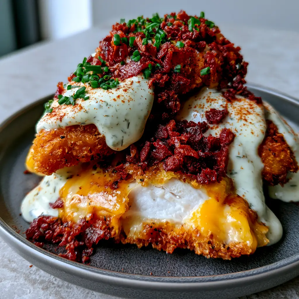 Crack Chicken Tenders: The Ultimate Crispy Air Fryer Bacon Ranch Recipe 1 Handheld photo of golden-brown crack chicken tenders with a heavy buttermilk ranch drizzle and smoked paprika dusting.