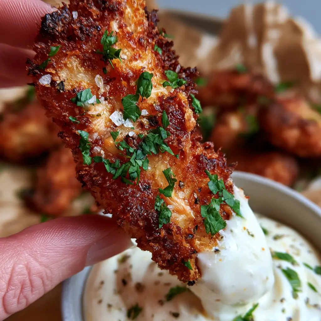 Chicken Tenders with Parmesan Panko Crust and Garlic Aioli 1 Golden brown chicken tenders garnished with fresh parsley and sea salt on parchment.