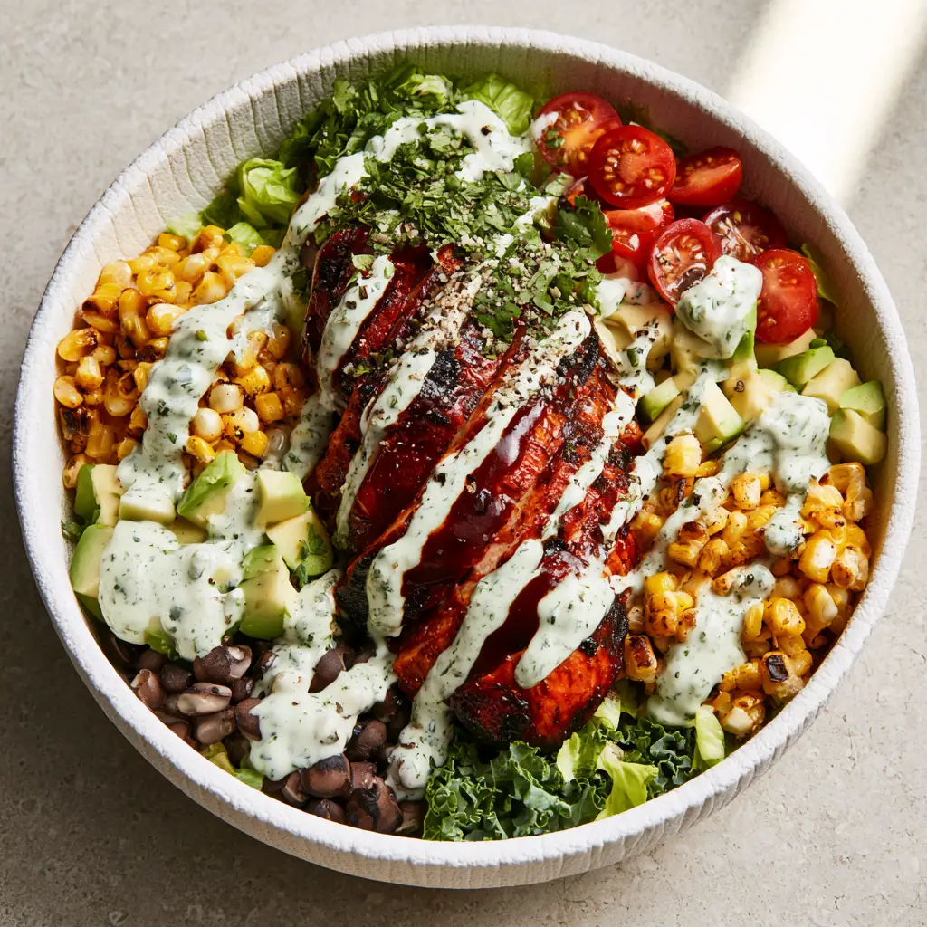 Grilled BBQ Chicken Salad with Creamy Cilantro Lime Ranch 1 Close up of juicy grilled chicken breast with BBQ glaze and grill marks on a bed of kale.