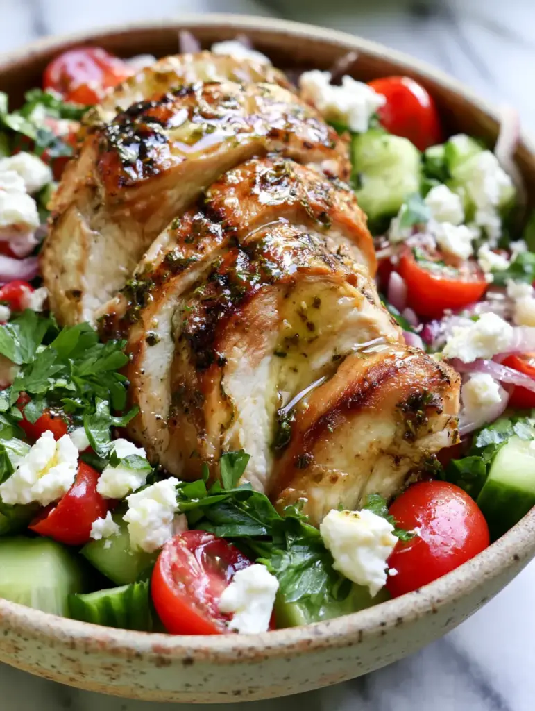 Chicken Cucumber Tomato Salad with Lemon-Herb Vinaigrette 1 Detailed view of crumbled feta, fresh parsley, and halved cherry tomatoes in a chicken cucumber tomato salad.
