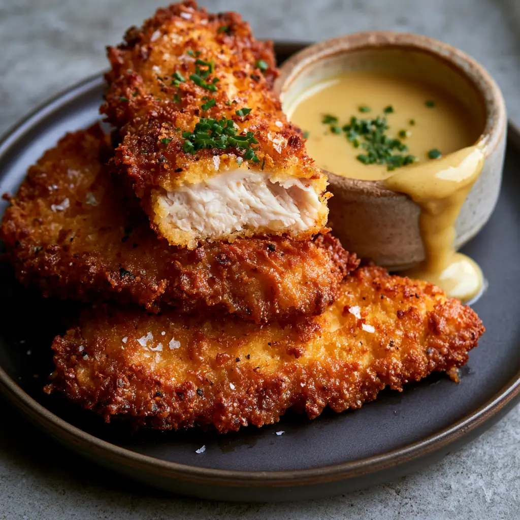 A broken Paleo Chicken Tender revealing juicy, steaming white meat chicken inside.