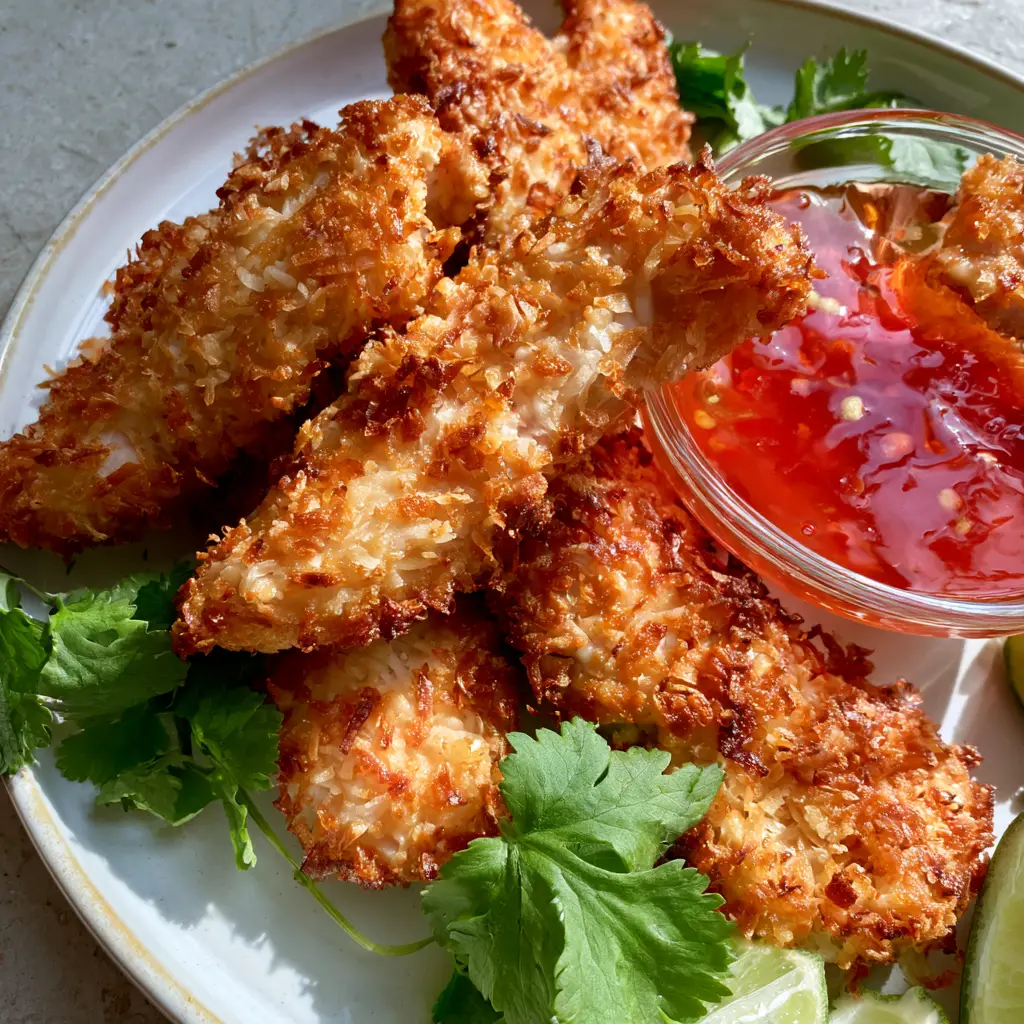 Coconut Chicken Tenders with Sweet Chili Dipping Sauce 1 One Coconut chicken tender being dipped into a glossy red sweet chili sauce with visible chili seeds.