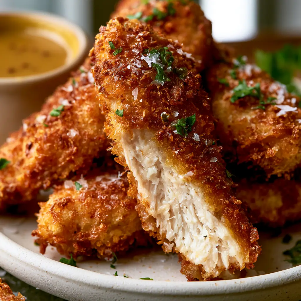 Oven Baked Chicken Tenders: The Ultimate Extra Crispy Recipe 1 One oven baked chicken tender snapped in half showing steaming juicy white meat fibers.