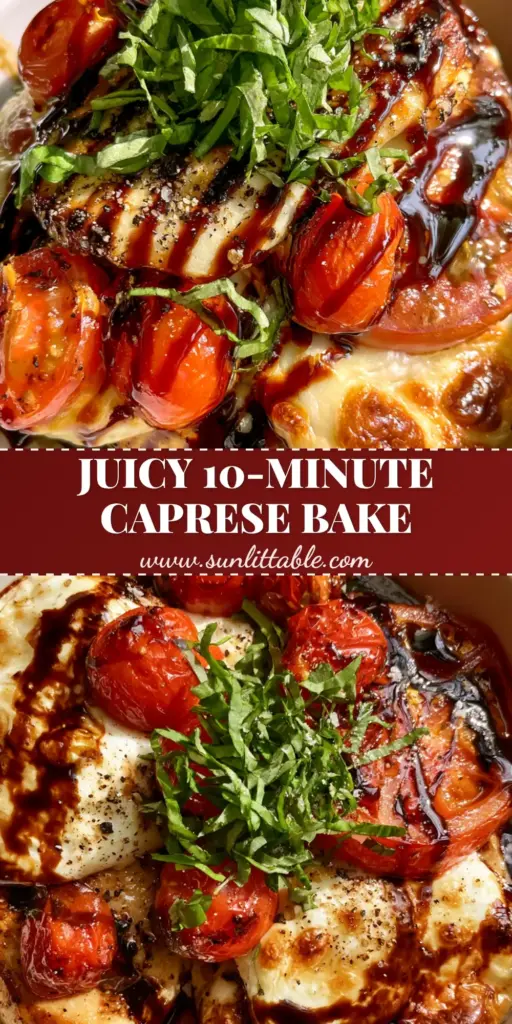 Caprese Chicken Casserole with Blistered Tomatoes and Balsamic Glaze 3 Overhead shot of Caprese Chicken Casserole in a white dish featuring melted mozzarella slabs, roasted heirloom tomatoes, and a thick balsamic drizzle. (Caprese Chicken Casserole)