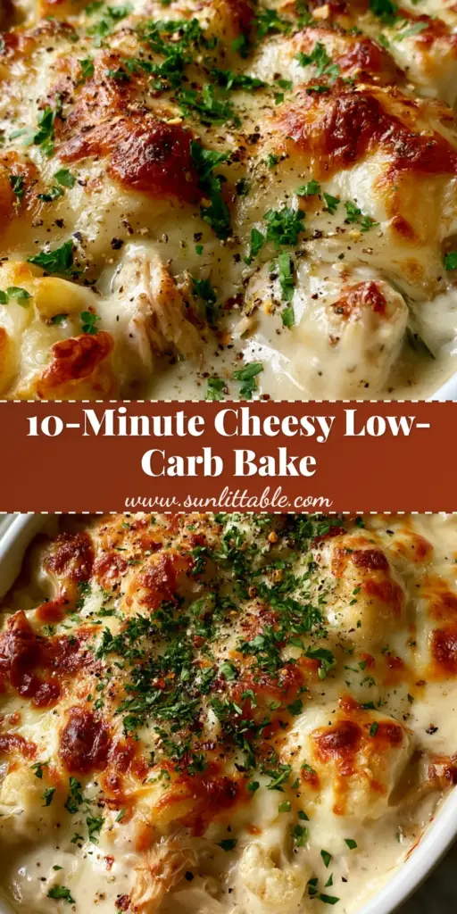 Low-Carb Chicken Casserole with Bubbling Cheese and Garlic Cream 3 A bubbling, cheesy Low-Carb Chicken Casserole in a white dish with golden-brown toasted spots and fresh parsley garnish.