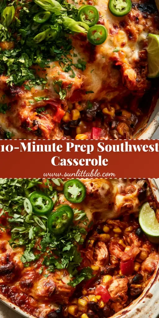 High Protein Southwest Chicken Casserole with Rotisserie Chicken 3 A top-down view of a high protein southwest chicken casserole in a white ceramic dish with melted bubbling cheese, charred corn, and fresh jalapeno rounds.