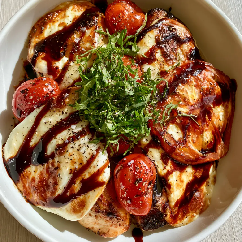 Caprese Chicken Casserole with Blistered Tomatoes and Balsamic Glaze 2 Close-up of golden seared chicken breasts topped with melted fresh mozzarella and blistered cherry tomatoes in a Caprese Chicken Casserole.