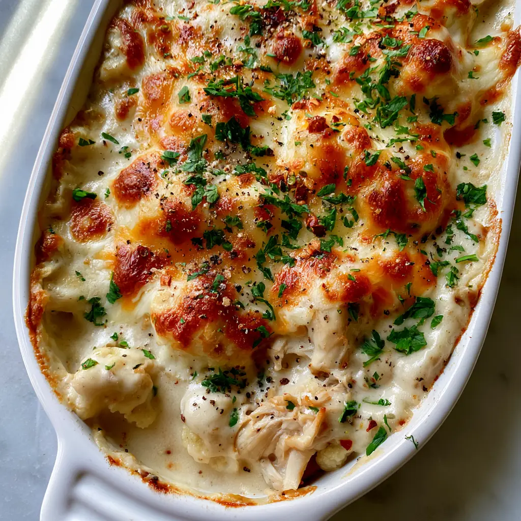 Low-Carb Chicken Casserole with Bubbling Cheese and Garlic Cream 2 Close-up of shredded roasted chicken and cauliflower florets in a creamy ivory garlic sauce (Low-Carb Chicken Casserole).
