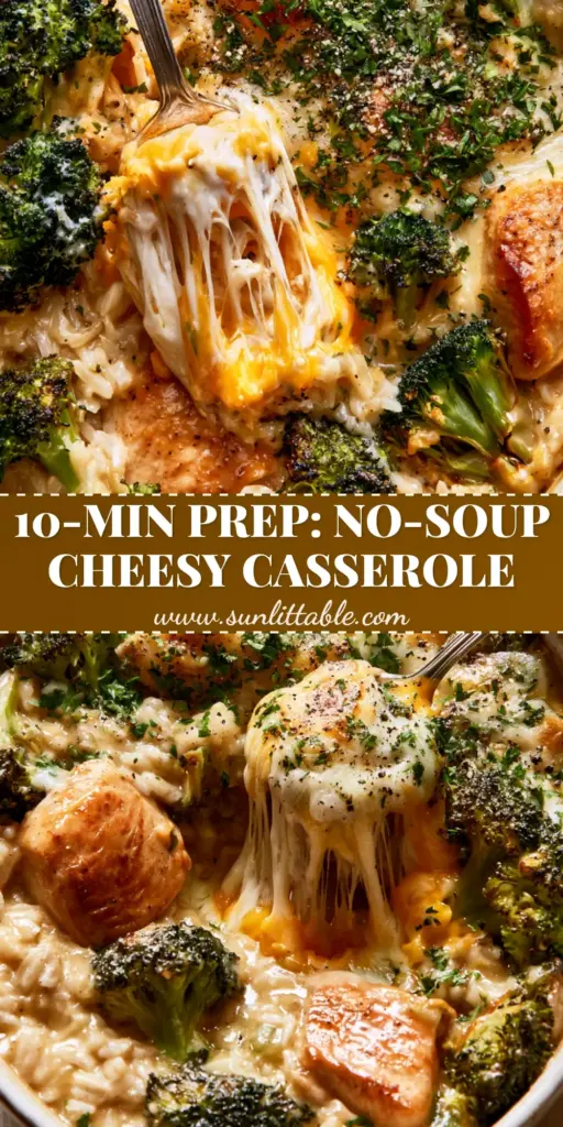 Cheesy Broccoli Chicken and Rice Casserole: The Ultimate Comfort Food 4 A massive mozzarella cheese pull from a white ceramic dish of Cheesy Broccoli Chicken and Rice Casserole with charred broccoli tips.