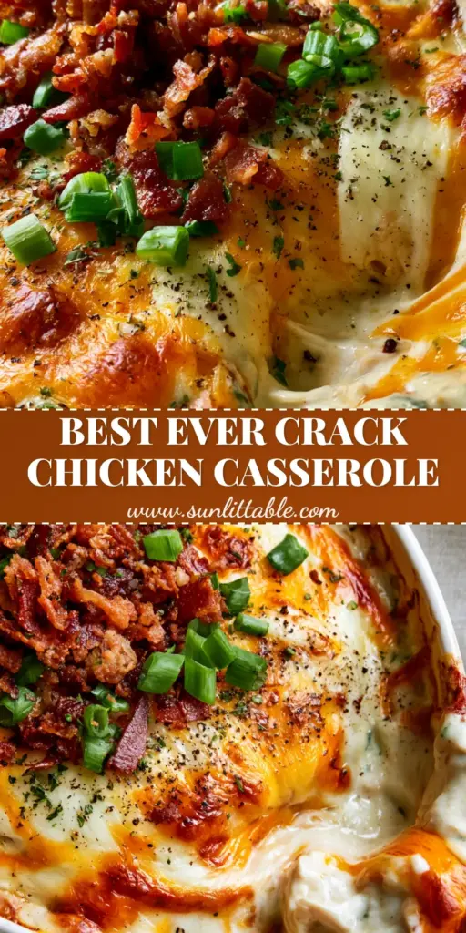 Crack Chicken Casserole: The Ultimate Creamy Bacon Ranch Bake 4 A bubbling Crack Chicken Casserole in a white dish topped with melted cheddar, crispy bacon, and green scallions with a visible cheese pull.