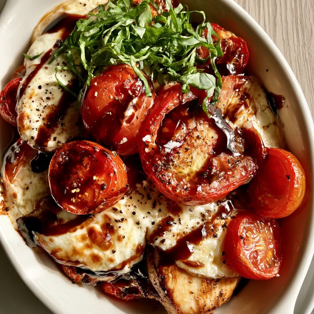 Caprese Chicken Casserole with Blistered Tomatoes and Balsamic Glaze 1 Macro shot of thick mahogany balsamic glaze drizzled over a Caprese Chicken Casserole with fresh basil chiffonade.