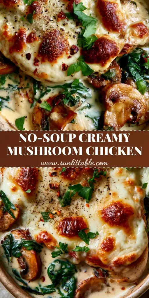 Chicken Spinach and Mushroom Casserole: The Ultimate Creamy Garlic Bake 3 A close-up shot of a cheesy chicken spinach and mushroom casserole with golden bubbly cheese and fresh parsley in a rustic dish.