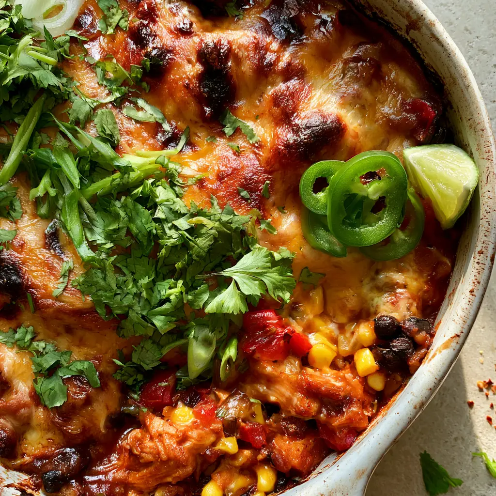 High Protein Southwest Chicken Casserole with Rotisserie Chicken 2 A smartphone photo showing a cheesy high protein southwest chicken casserole with visible charred corn and red peppers.