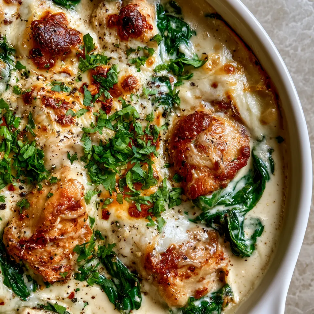 Chicken and Spinach Casserole: The Ultimate Creamy Comfort Dinner 2 Close-up shot of seared chicken chunks and wilted spinach submerged in bubbling heavy cream sauce for Chicken and Spinach Casserole.