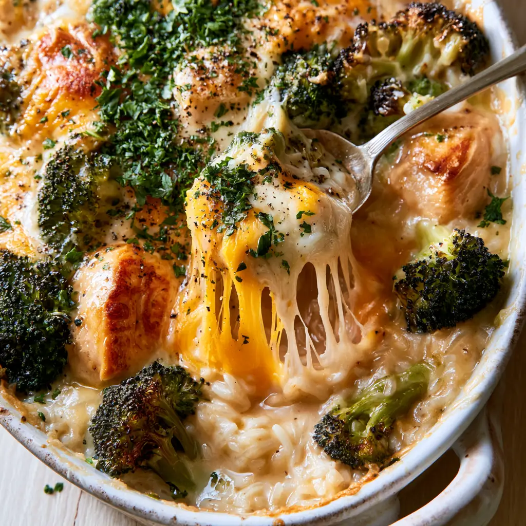 Cheesy Broccoli Chicken and Rice Casserole: The Ultimate Comfort Food 2 Top-down aesthetic shot of Cheesy Broccoli Chicken and Rice Casserole in a rustic white dish showing seared chicken and parsley garnish.