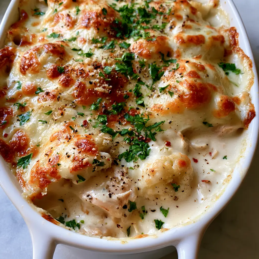 Low-Carb Chicken Casserole with Bubbling Cheese and Garlic Cream 1 Top view of Low-Carb Chicken Casserole showing bubbling caramelized cheese edges and red chili flake garnish.