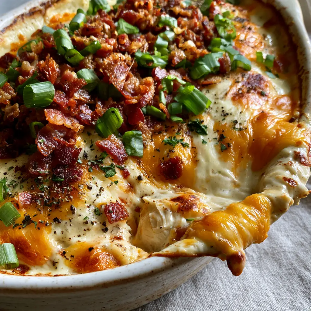 Crack Chicken Casserole: The Ultimate Creamy Bacon Ranch Bake 2 Close-up of Crack Chicken Casserole showing the velvety ivory ranch sauce and toasted cheese edges.