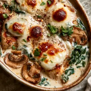 Top-down view of chicken spinach and mushroom casserole showing seared chicken and thick ivory sauce.