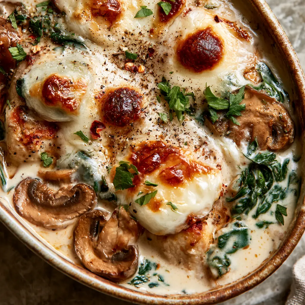 Chicken Spinach and Mushroom Casserole: The Ultimate Creamy Garlic Bake 2 Top-down view of chicken spinach and mushroom casserole showing seared chicken and thick ivory sauce.