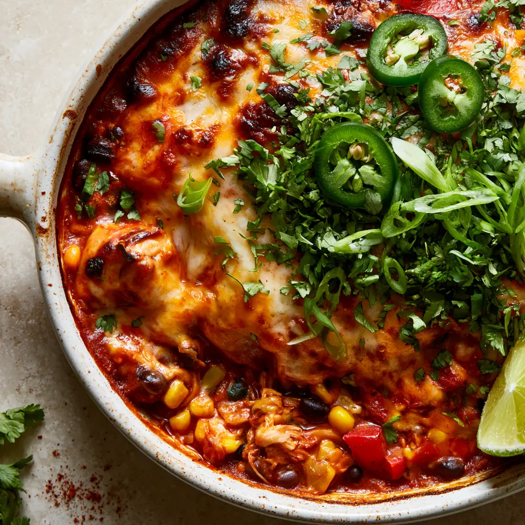 High Protein Southwest Chicken Casserole with Rotisserie Chicken 1 Close up of a high protein southwest chicken casserole featuring cilantro, scallions, and chili flakes.