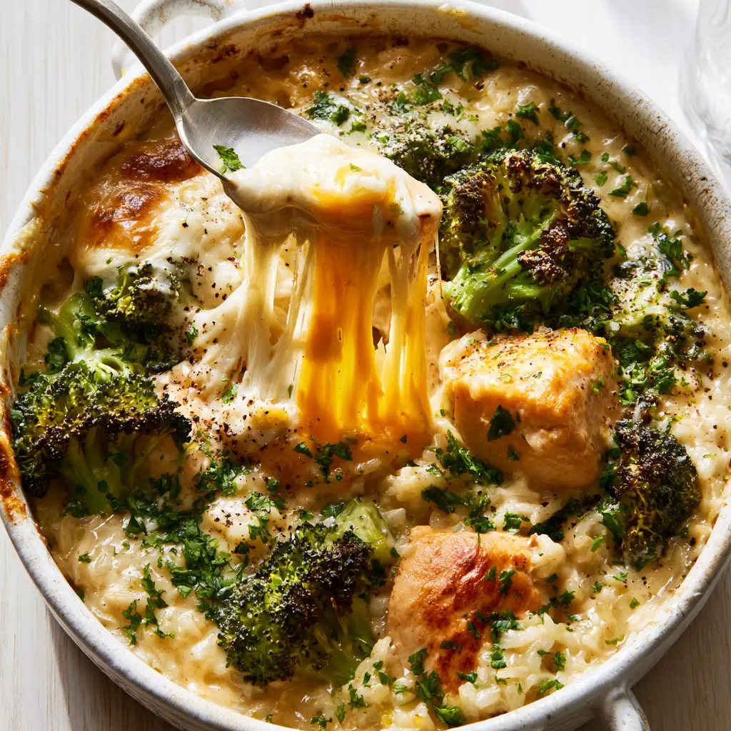 Cheesy Broccoli Chicken and Rice Casserole: The Ultimate Comfort Food 1 Close up of tender-crisp broccoli florets and individual grains of rice in a glossy cheddar sauce for Cheesy Broccoli Chicken and Rice Casserole.
