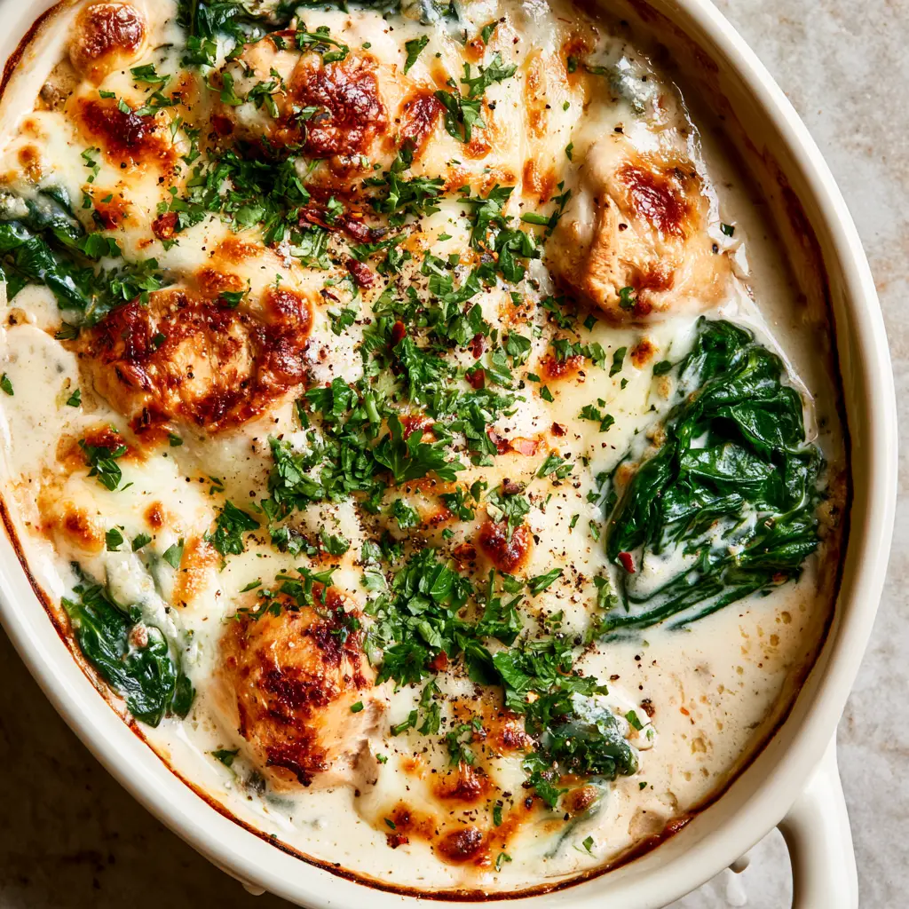 Chicken and Spinach Casserole: The Ultimate Creamy Comfort Dinner 1 A bubbling white ceramic dish of Chicken and Spinach Casserole featuring melted mozzarella with charred edges and red chili flakes.