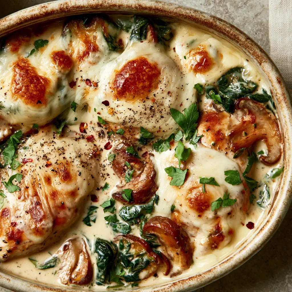Chicken Spinach and Mushroom Casserole: The Ultimate Creamy Garlic Bake 1 Close up of toasted mozzarella cheese spots on a chicken spinach and mushroom casserole.