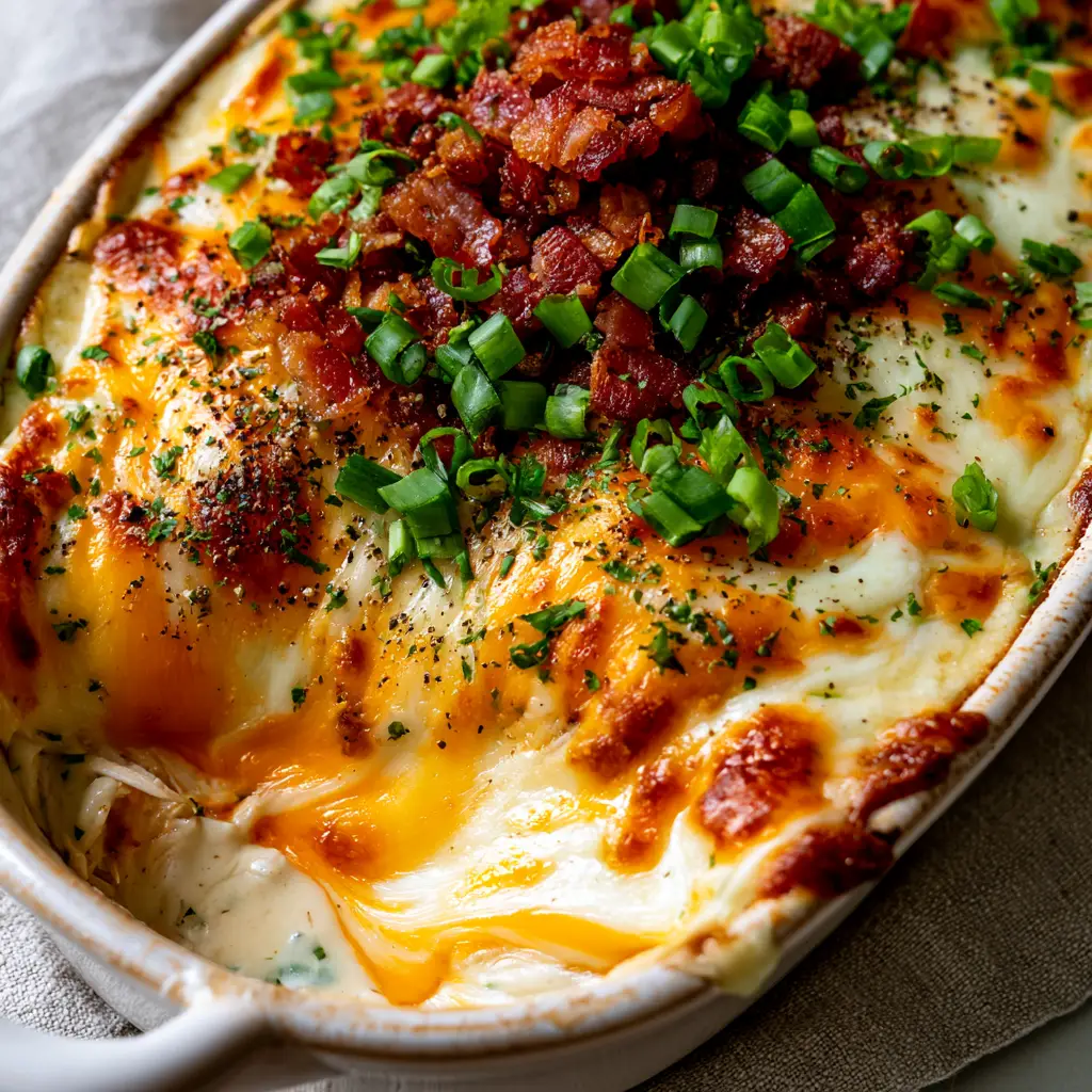 Crack Chicken Casserole: The Ultimate Creamy Bacon Ranch Bake 1 Overhead view of Crack Chicken Casserole with a mountain of crispy bacon and fresh green scallions.