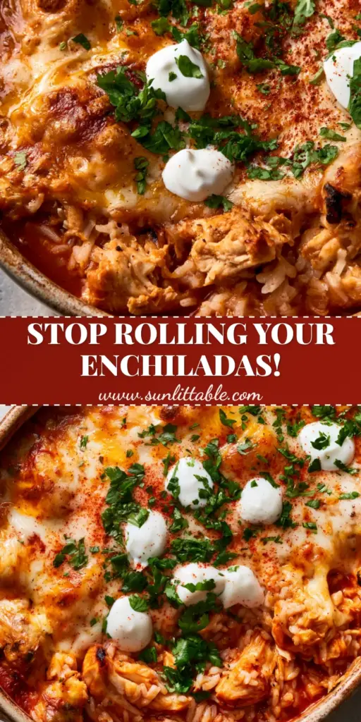 Chicken enchilada rice casserole: The Easiest Cheesy Weeknight Dinner 4 A close-up of a rustic ceramic baking dish filled with bubbling Chicken enchilada rice casserole, featuring golden cheese bubbles, sour cream dollops, and fresh cilantro.