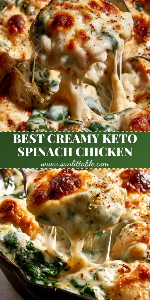 Spinach Chicken Casserole Recipe with Garlic Parmesan Cream 3 A silver spoon lifting a cheesy portion of Spinach Chicken Casserole Recipe from a bubbling cast iron skillet. (Spinach Chicken Casserole Recipe)