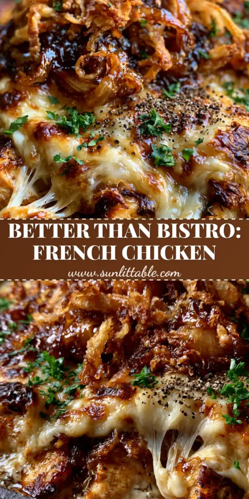 French Chicken Casserole with Caramelized Onions and Gruyere 4 A rustic dark grey cast iron skillet containing French Chicken Casserole with thick seared chicken, bubbling melted Gruyere cheese, and crispy fried onion straws.