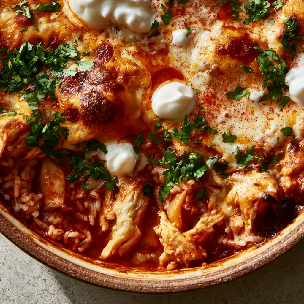 Chicken enchilada rice casserole: The Easiest Cheesy Weeknight Dinner 2 Top-down view of Chicken enchilada rice casserole showing the deep crimson sauce and hand-shredded rotisserie chicken under a molten cheese layer.