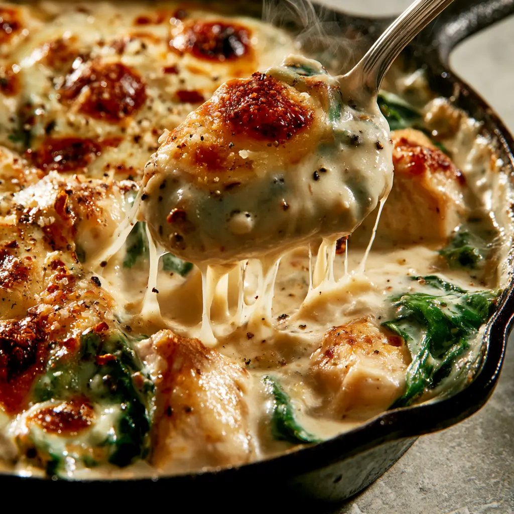 Spinach Chicken Casserole Recipe with Garlic Parmesan Cream 2 Extreme macro close-up of golden-seared chicken chunks in a garlic parmesan cream sauce. (Spinach Chicken Casserole Recipe)
