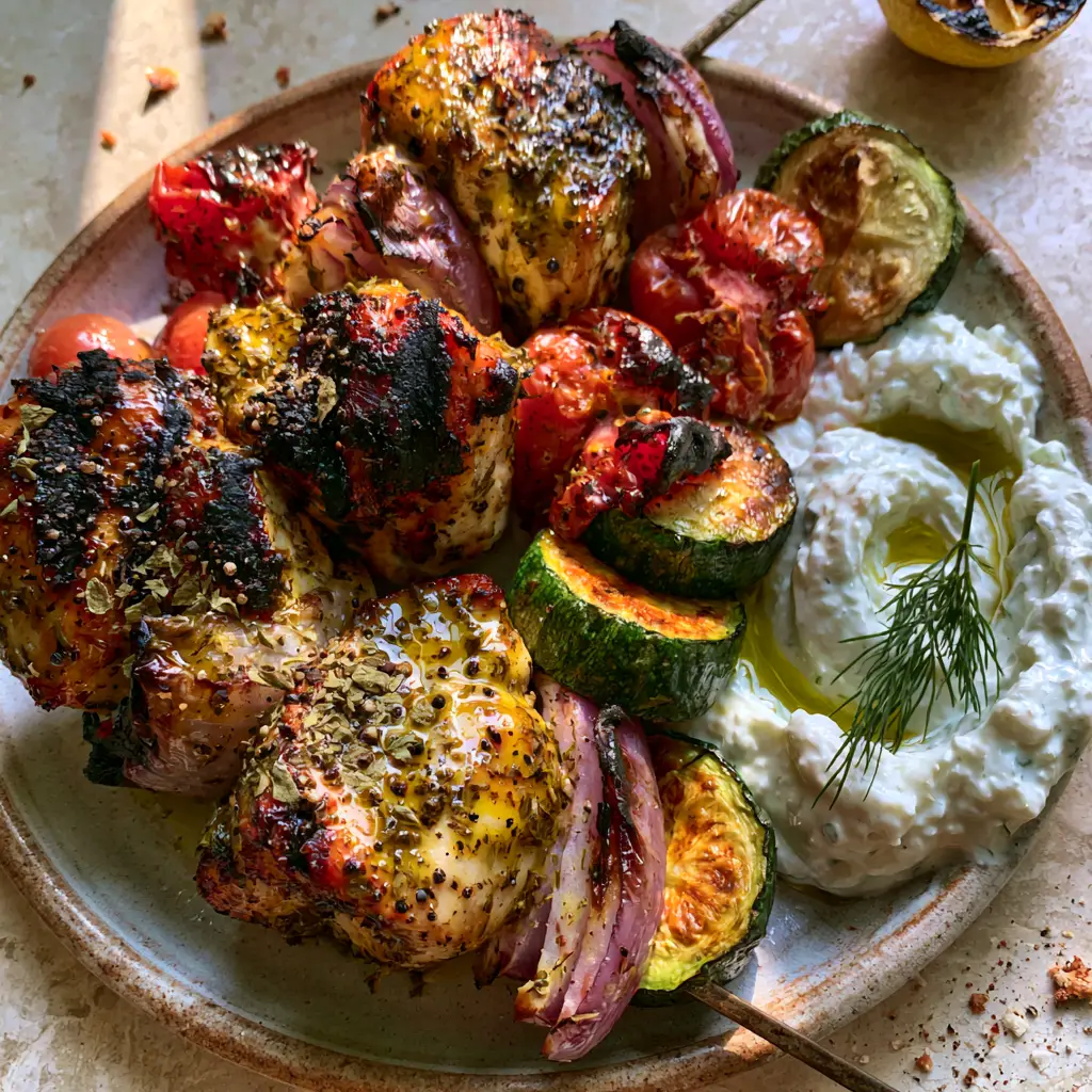 Top-down view of Mediterranean chicken skewers with blistered cherry tomatoes and seared zucchini on a light stone countertop.