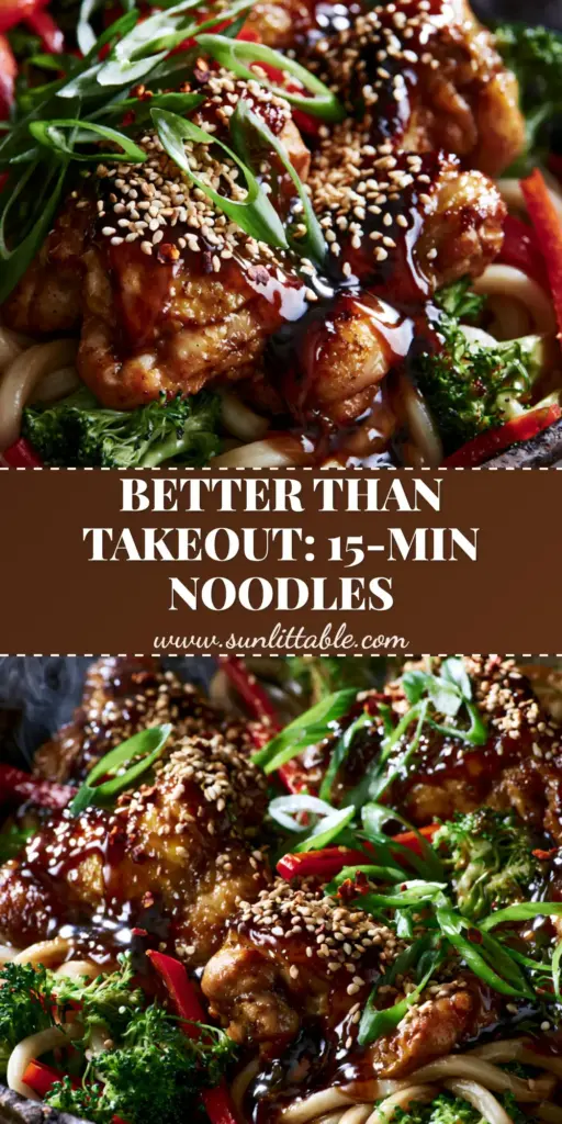 Chicken Teriyaki Noodles: The Ultimate Better-Than-Takeout Udon Stir Fry 4 Close-up of glossy Chicken Teriyaki Noodles with seared chicken, broccoli, and red peppers in a dark wok. (Chicken Teriyaki Noodles)